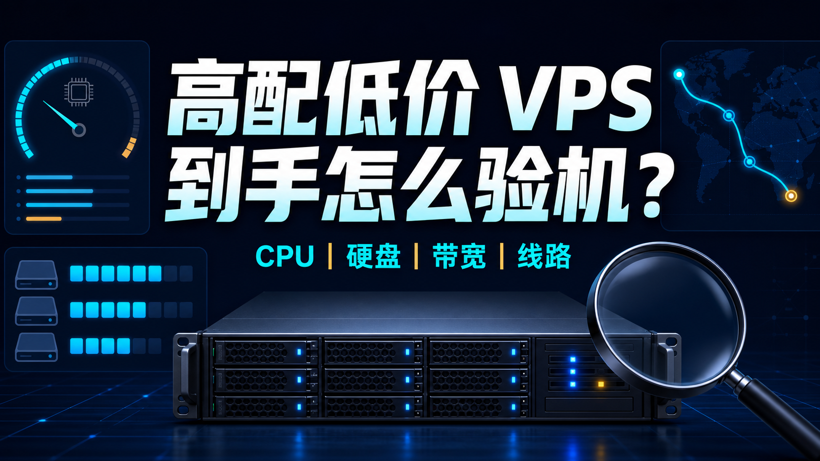 VPS 验机控制台展示 CPU、磁盘、带宽和线路四项检查