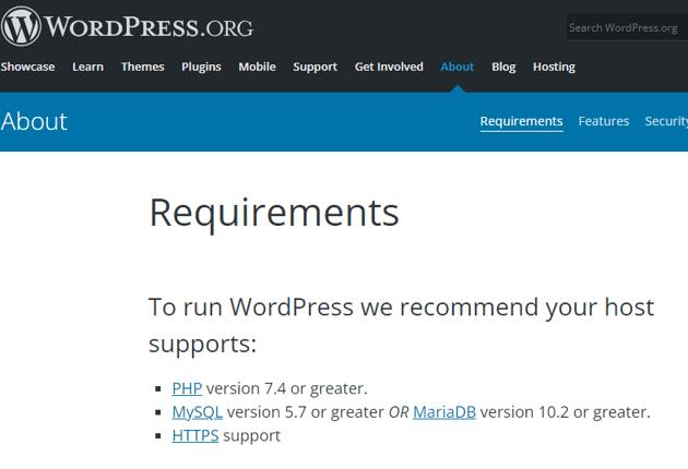 WordPress 官方服务器环境要求截图