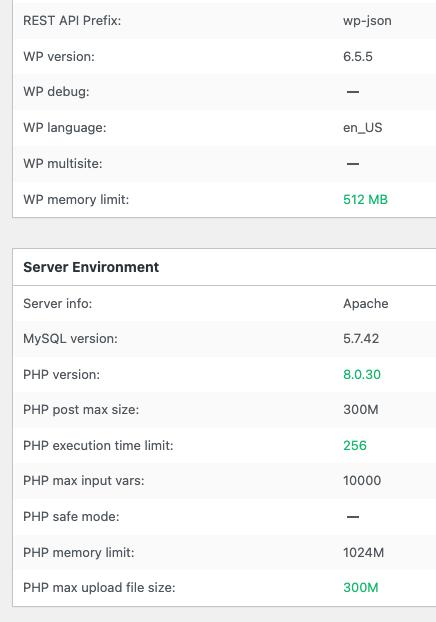 WordPress 服务器环境信息截图