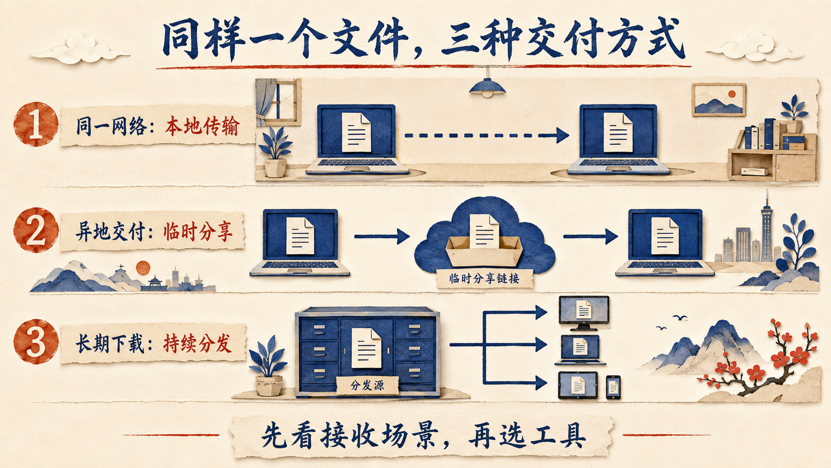 本地传输、异地临时分享和长期分发的三种文件交付路径