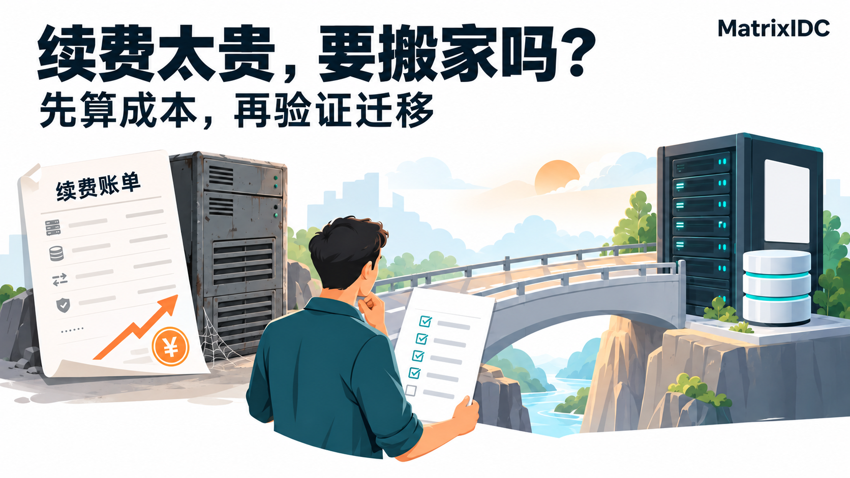 续费账单、旧服务器和新服务器之间的迁移路径，提示先计算成本再验证迁移