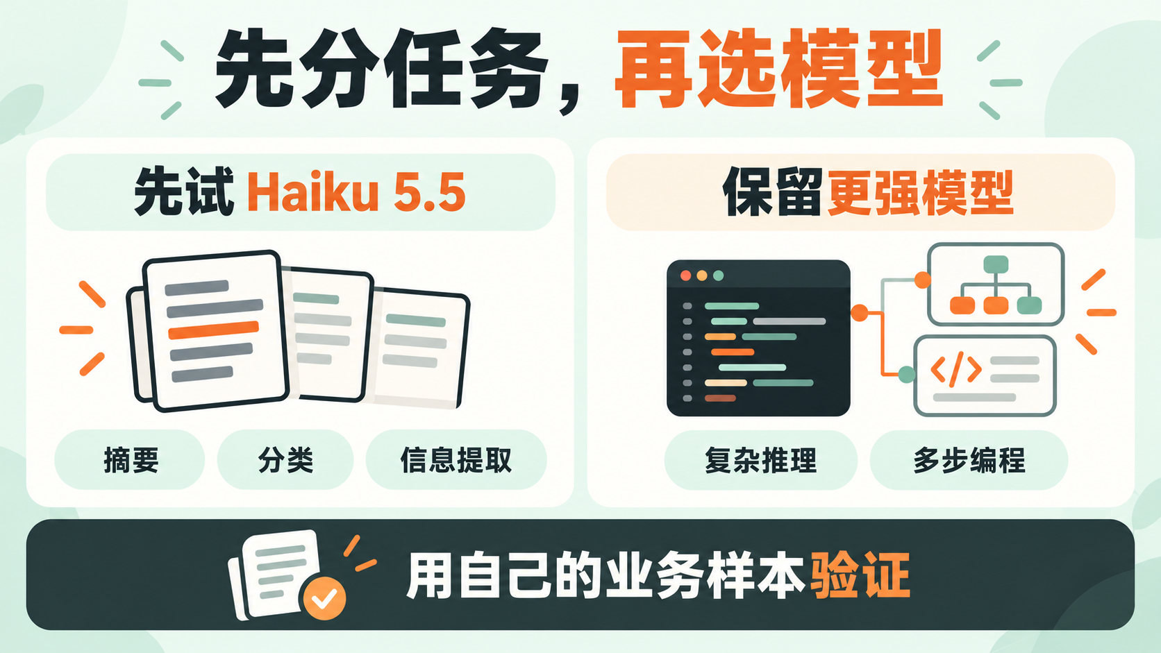 Haiku 5.5优先试摘要分类与信息提取，复杂任务保留更强模型并用业务样本验证