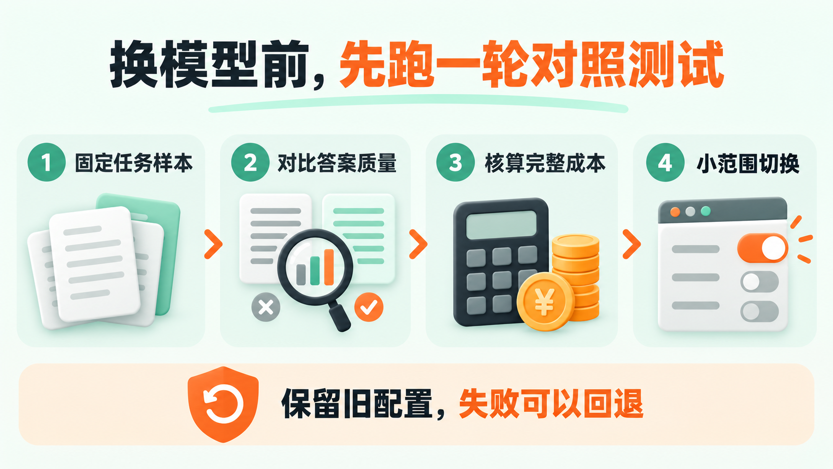 模型迁移前固定样本、比较质量、核算完整成本，再小范围切换并保留回退