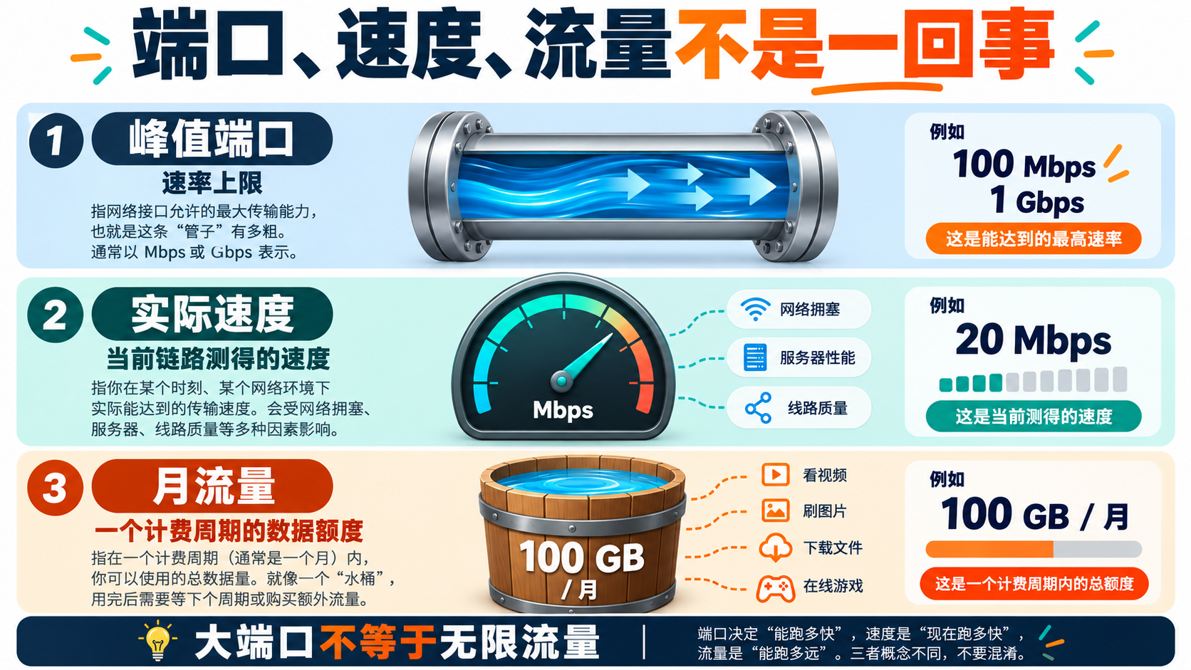峰值端口、实际速度和月流量分别表示速率上限、当前速度和周期额度