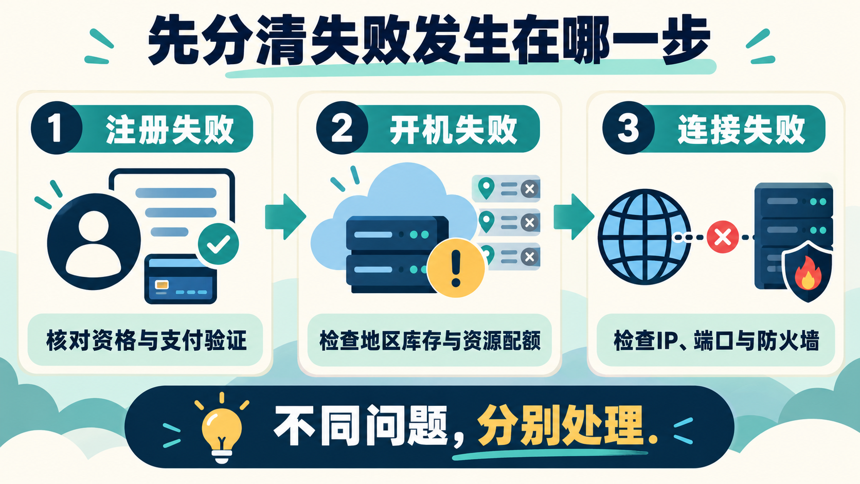 免费云服务器失败分为注册、开机和连接三个阶段，分别检查对应条件