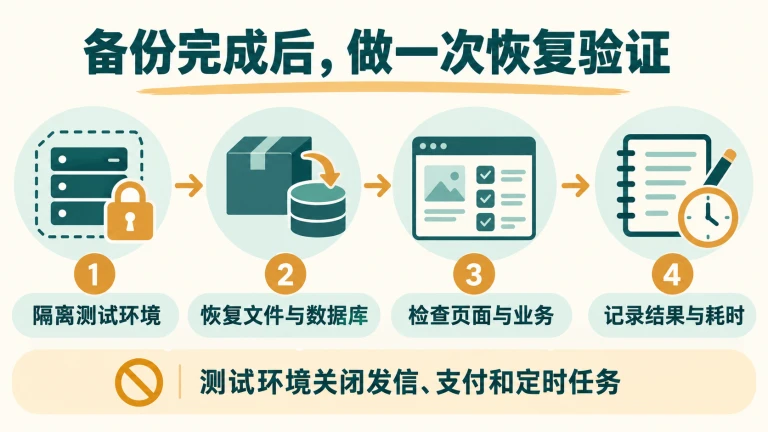 备份恢复验证流程：隔离环境、恢复数据、检查业务、记录结果