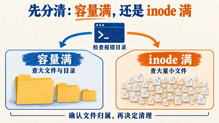磁盘空间不足的两个检查分支：容量满查大文件，inode满查大量小文件
