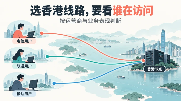 香港服务器线路选购插画，三类用户网络连接香港节点并核对实际访问