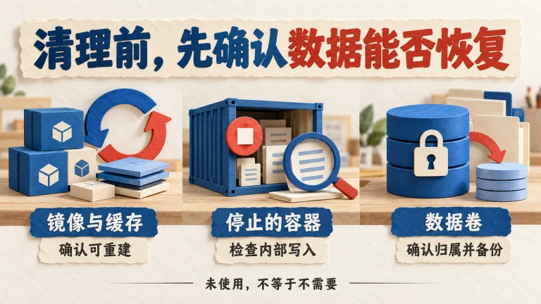 Docker清理前的分类判断：镜像缓存确认可重建，停止容器检查写入，数据卷先备份