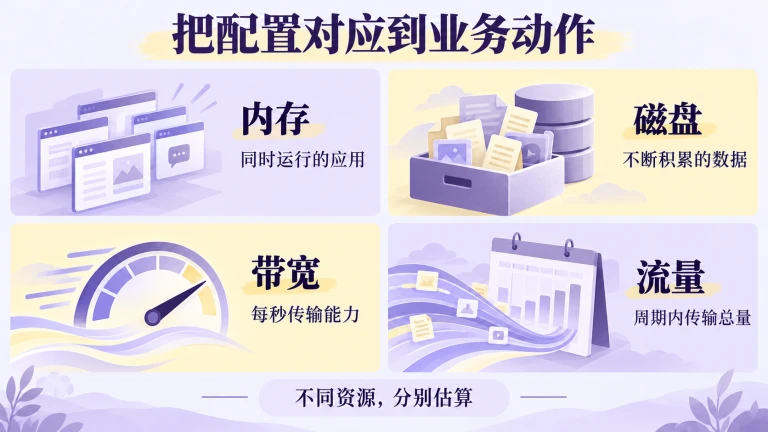 香港服务器资源判断图:内存对应应用并行,磁盘对应数据积累,带宽和流量对应传输