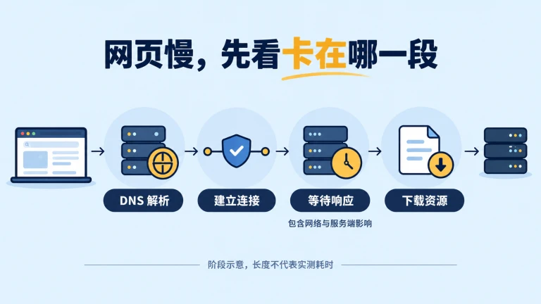 网页请求依次经历解析、连接、等待响应和下载资源，时间线仅表示阶段